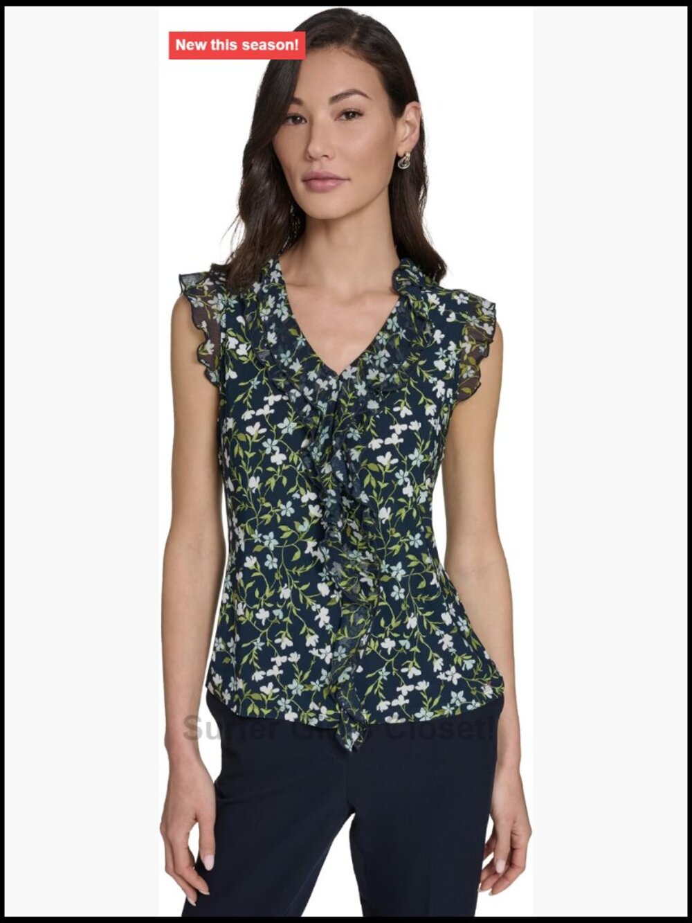 Sleeveless Mixed Media Ruffle Front Blouse V-Neck Floral